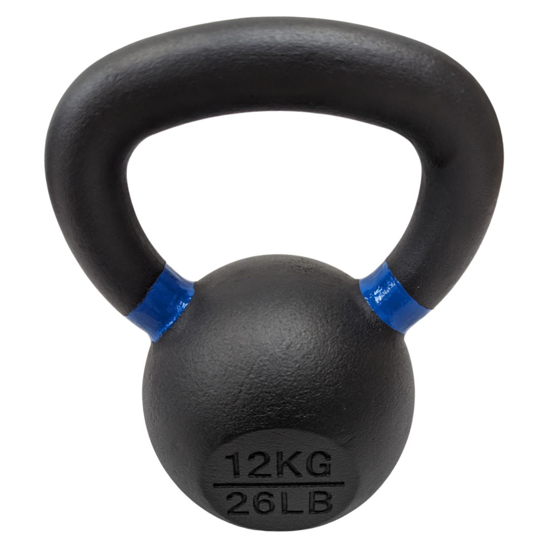 12kg black cast iron kettlebell with blue powder-coated handle accents and weight markings.