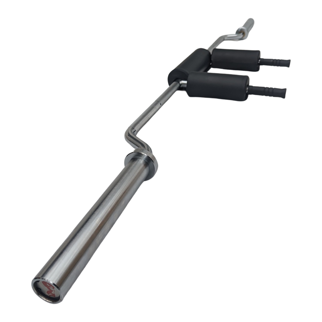 7ft Olympic safety squat bar with black padded shoulder rests and chrome finish.