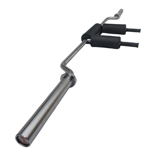 7ft Olympic safety squat bar with black padded shoulder rests and chrome finish.