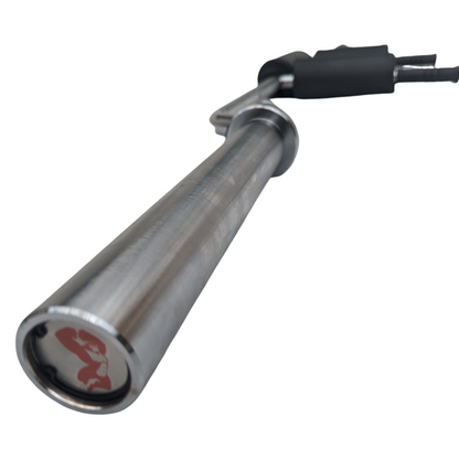 7ft stainless steel Olympic safety squat bar with black shoulder pads and rotating sleeves.