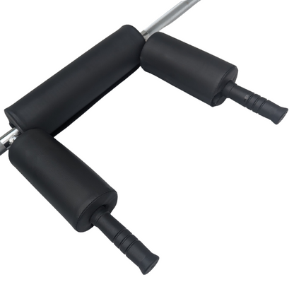 7ft Olympic safety squat bar with black padded shoulder supports and ergonomic handles.