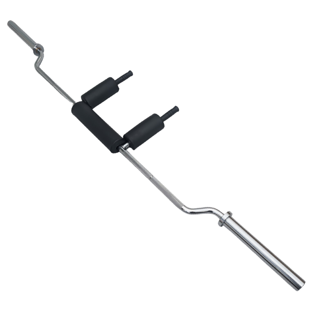 7ft Olympic safety squat bar with black padded shoulder supports and chrome finish.