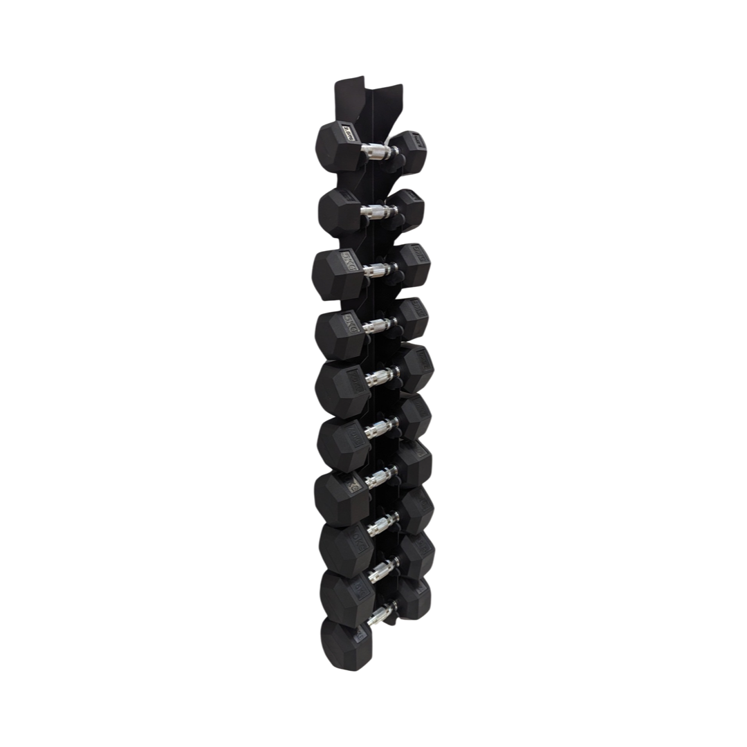 Wall-mounted rack holding two vertical columns of black hex dumbbells with silver handles, arranged from lightest to.