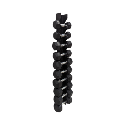 Wall-mounted rack holding two vertical columns of black hex dumbbells with silver handles, arranged from lightest to.