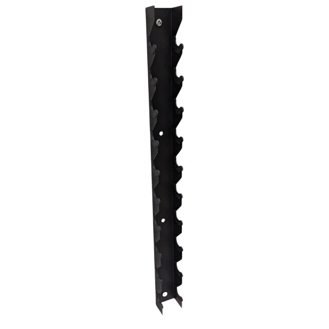 Black vertical wall-mounted rack with six slots for dumbbells, sleek metal design.