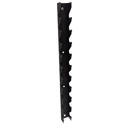 Black vertical wall-mounted rack with six slots for dumbbells, sleek metal design.