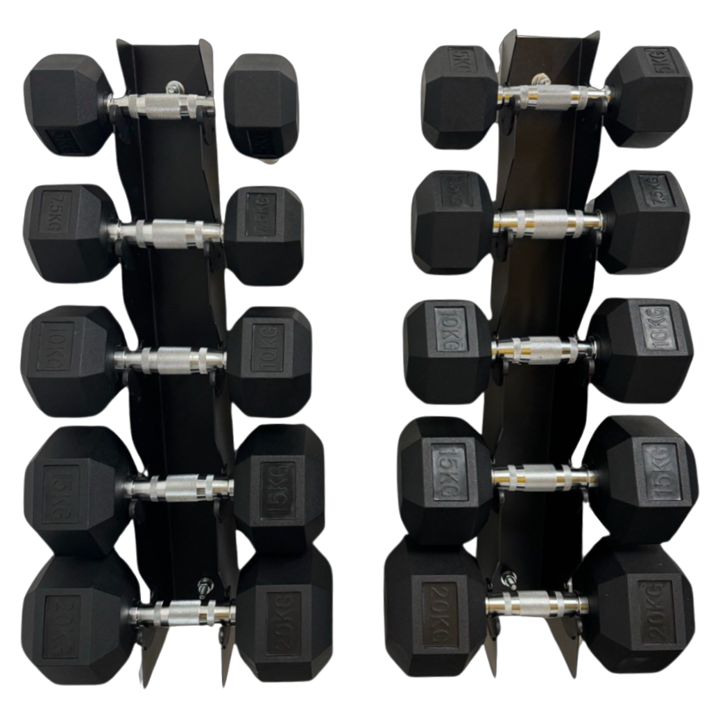 Wall-mounted black hex dumbbell set with chrome handles and two vertical storage racks.