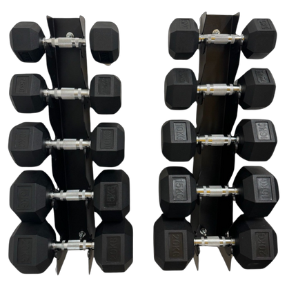 Wall-mounted black hex dumbbell set with chrome handles and two vertical storage racks.