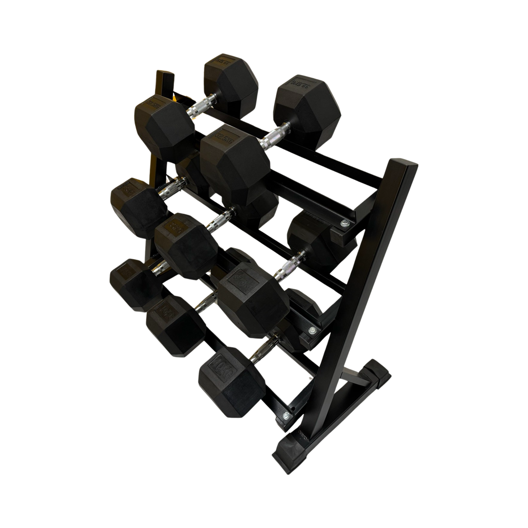 Full commercial black rubber hex dumbbell set from 2.5kg to 40kg on a black metal rack.