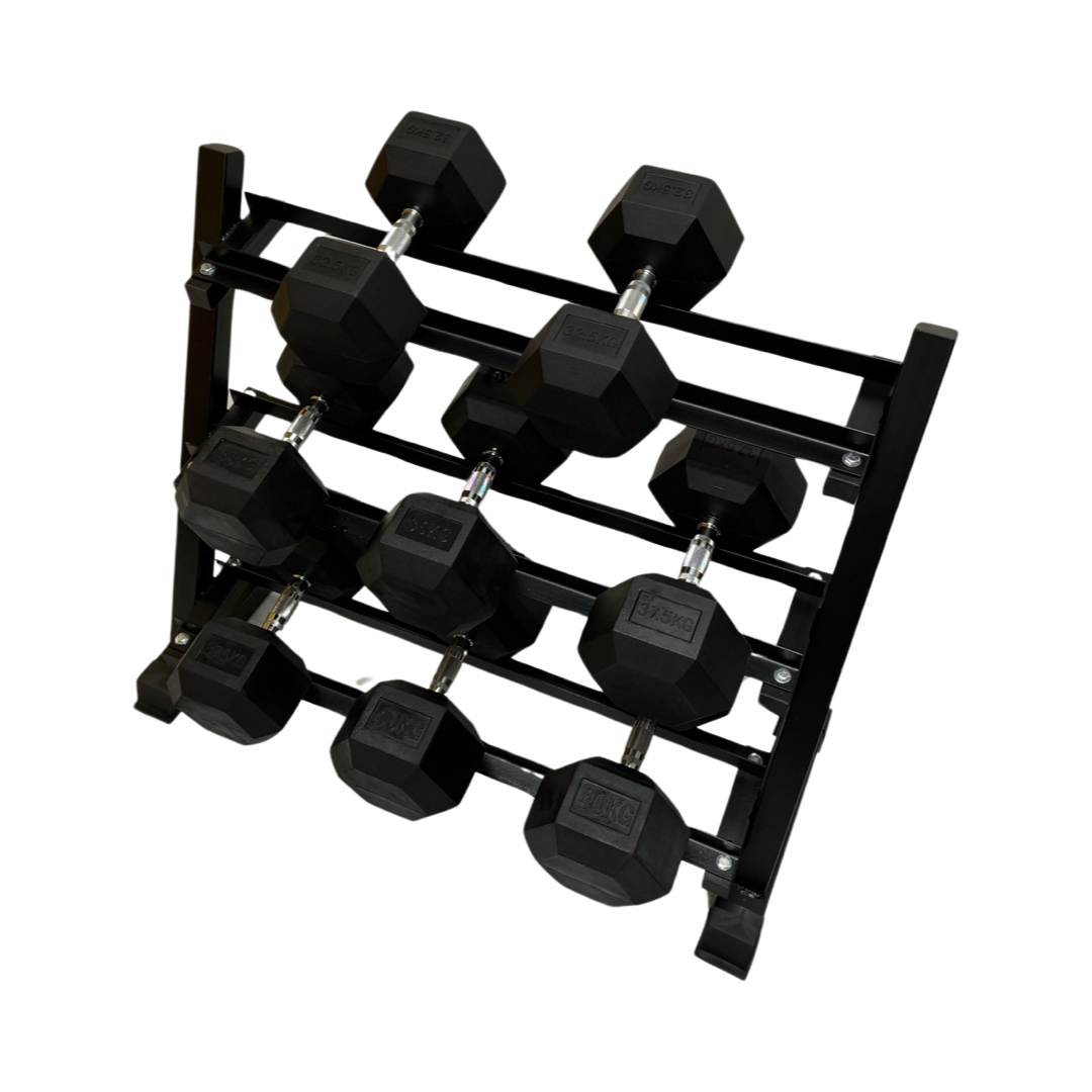 Full commercial hexagonal dumbbell set with black rubber coating on a three-tier black metal rack.