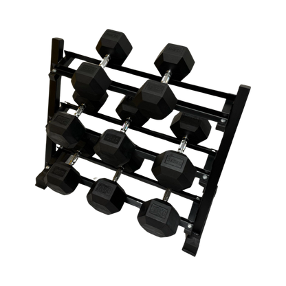 Full commercial hexagonal dumbbell set with black rubber coating on a three-tier black metal rack.