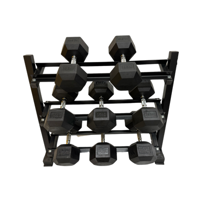Black hex rubber dumbbells ranging 2.5kg to 40kg neatly arranged on a black metal rack.