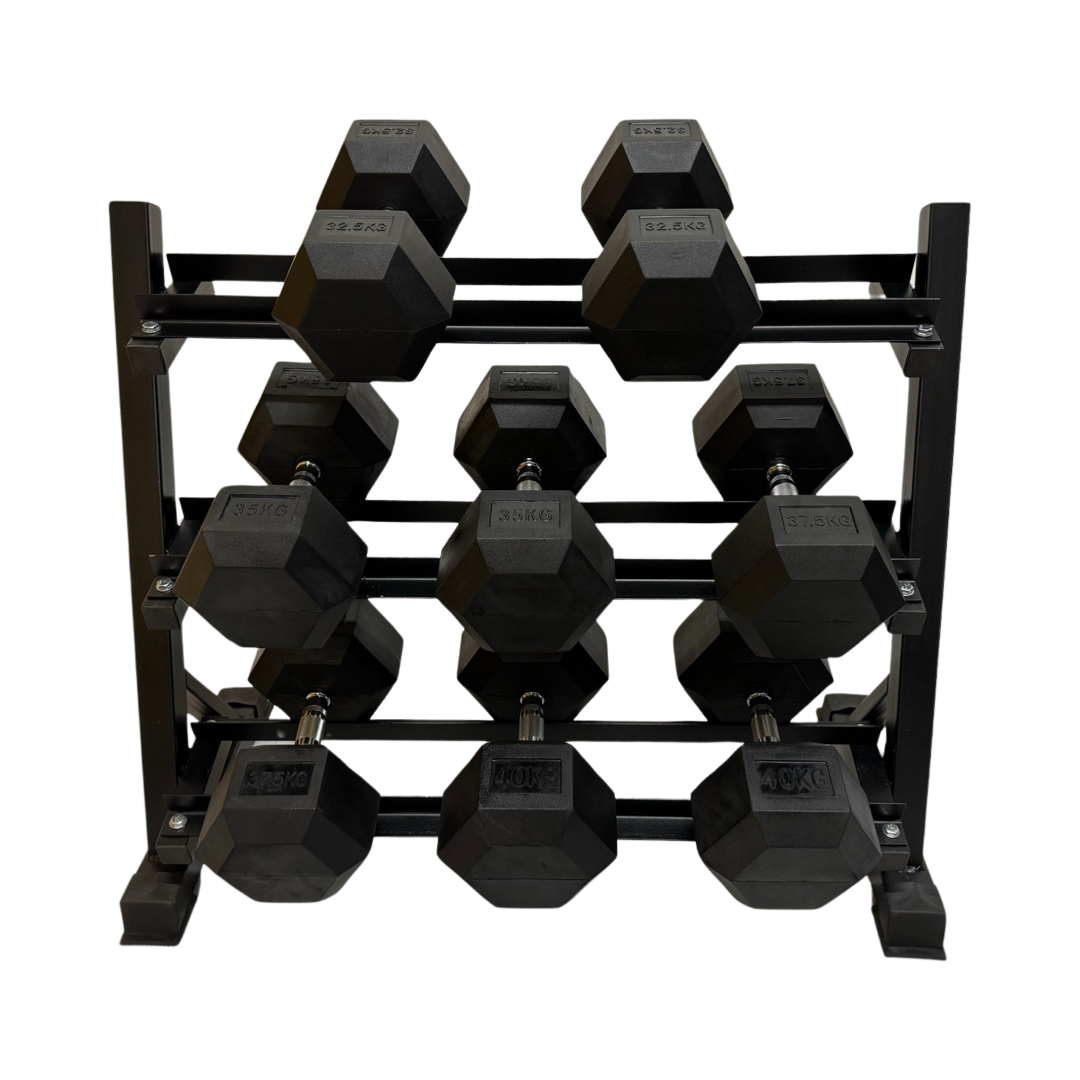 Full commercial hex rubber dumbbell set 2.5kg to 40kg on black metal storage rack.