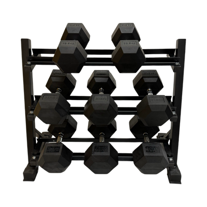 Full commercial hex rubber dumbbell set 2.5kg to 40kg on black metal storage rack.