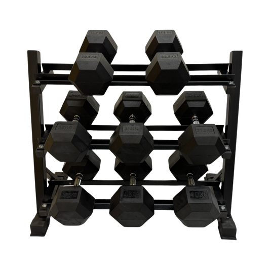 Full commercial hex rubber dumbbell set 2.5kg to 40kg on black metal storage rack.