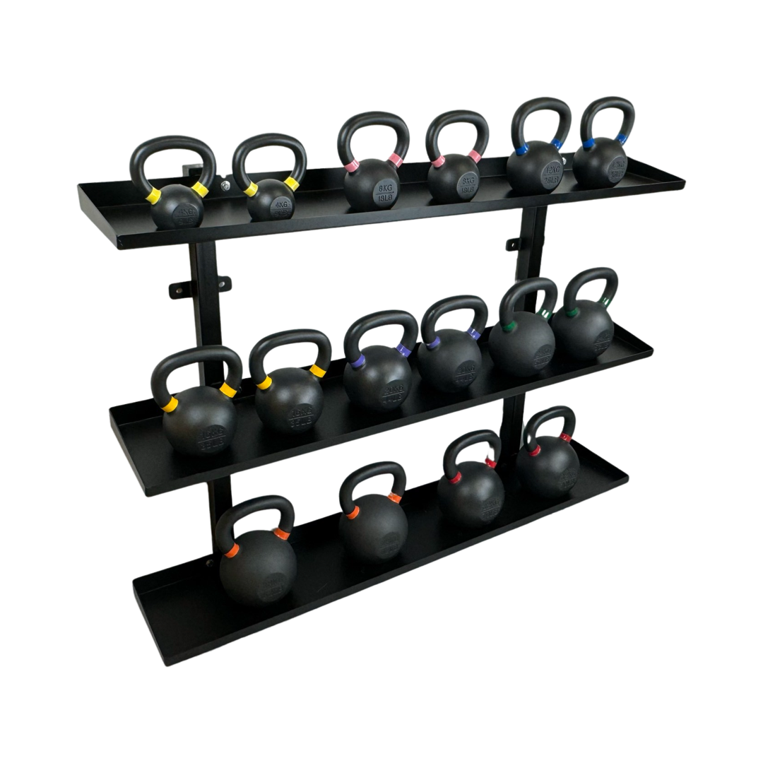 Black heavy-duty steel wall-mounted rack holding three rows of color-coded kettlebells with rubber handles.