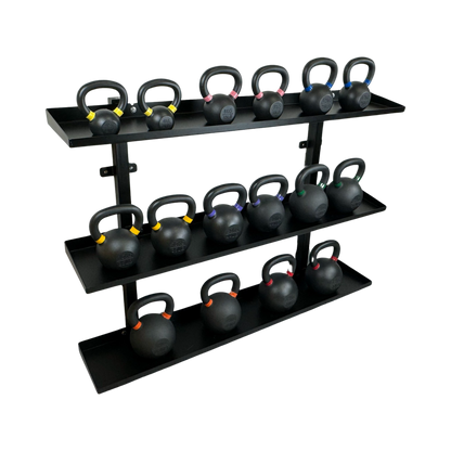 Black heavy-duty steel wall-mounted rack holding three rows of color-coded kettlebells with rubber handles.