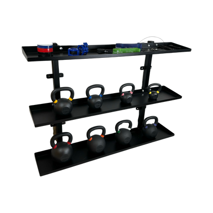 Black heavy-duty steel wall-mounted rack holding eight kettlebells with color-coded weight markings and two top shelves with .