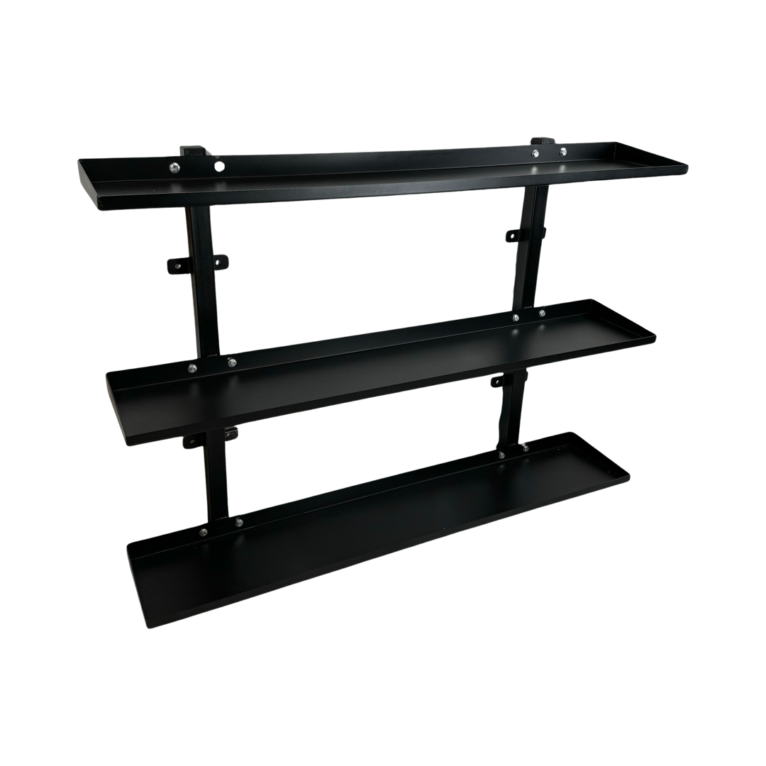 Black heavy-duty steel wall-mounted rack with three horizontal shelves for kettlebell storage.