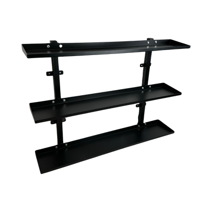 Black heavy-duty steel wall-mounted rack with three horizontal shelves for kettlebell storage.
