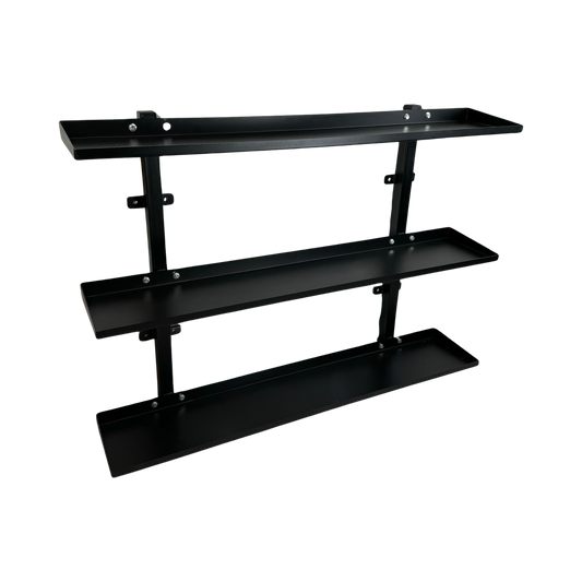 Black heavy-duty steel wall-mounted rack with three horizontal shelves for kettlebell storage.