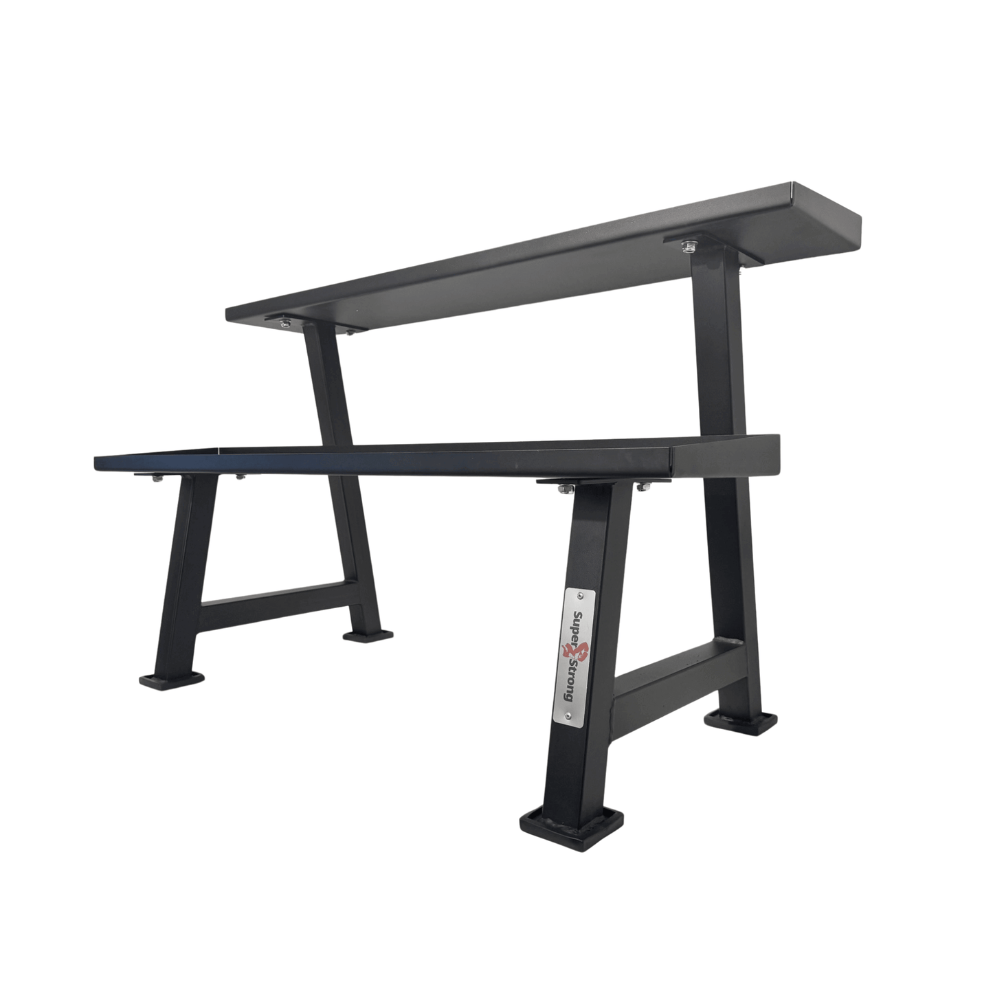 Heavy duty black metal kettlebell rack with two-tier horizontal shelves and rubber inlays.