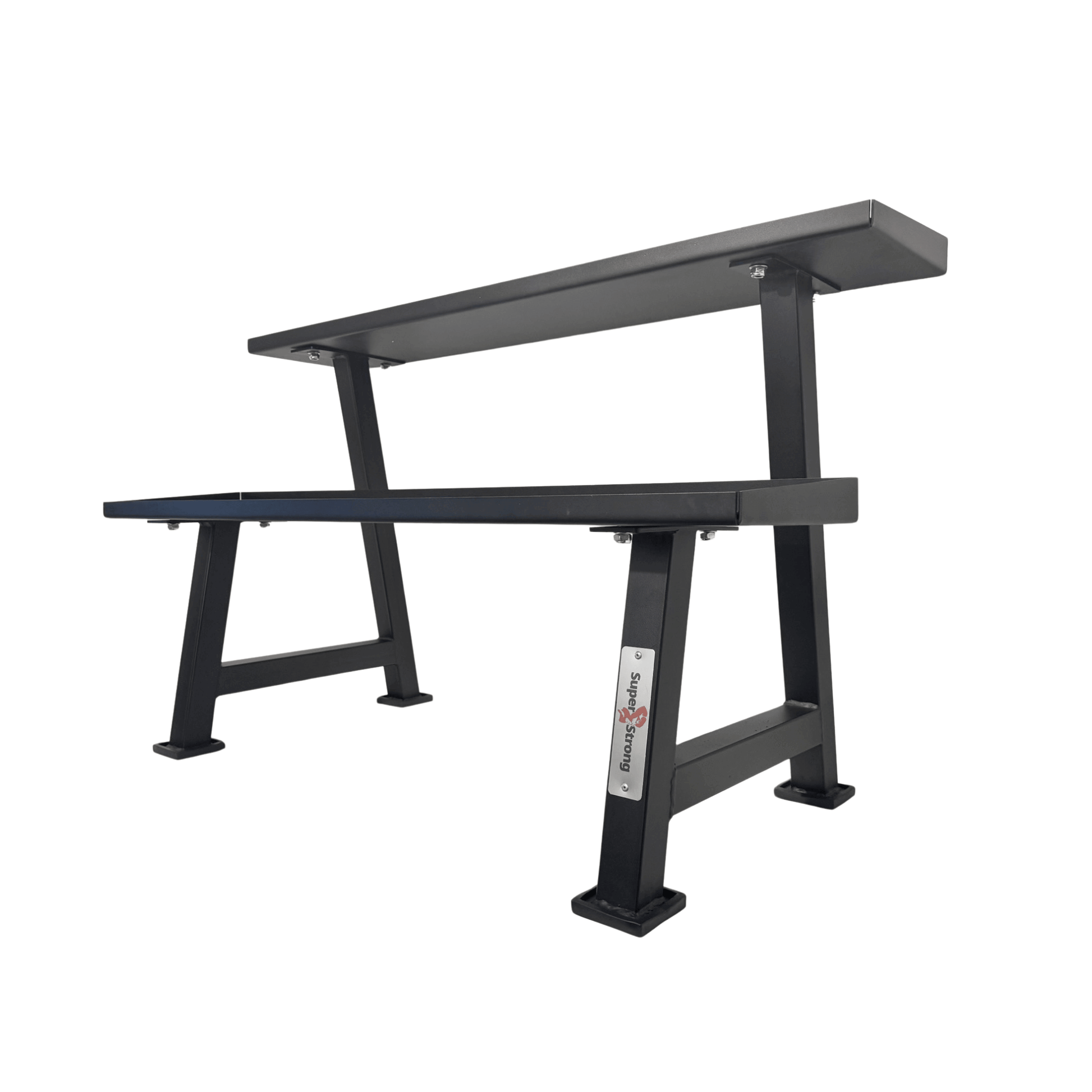 Heavy duty black metal kettlebell rack with two-tier horizontal shelves and rubber inlays.