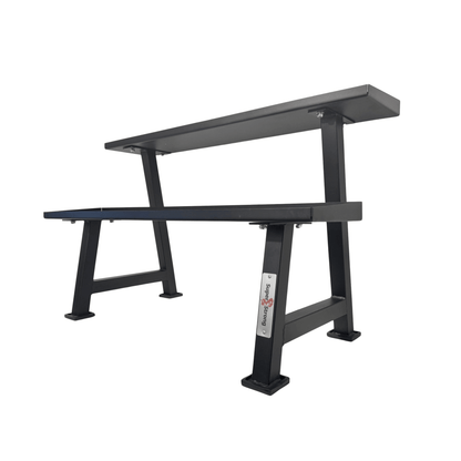 Heavy duty black metal kettlebell rack with two-tier horizontal shelves and rubber inlays.