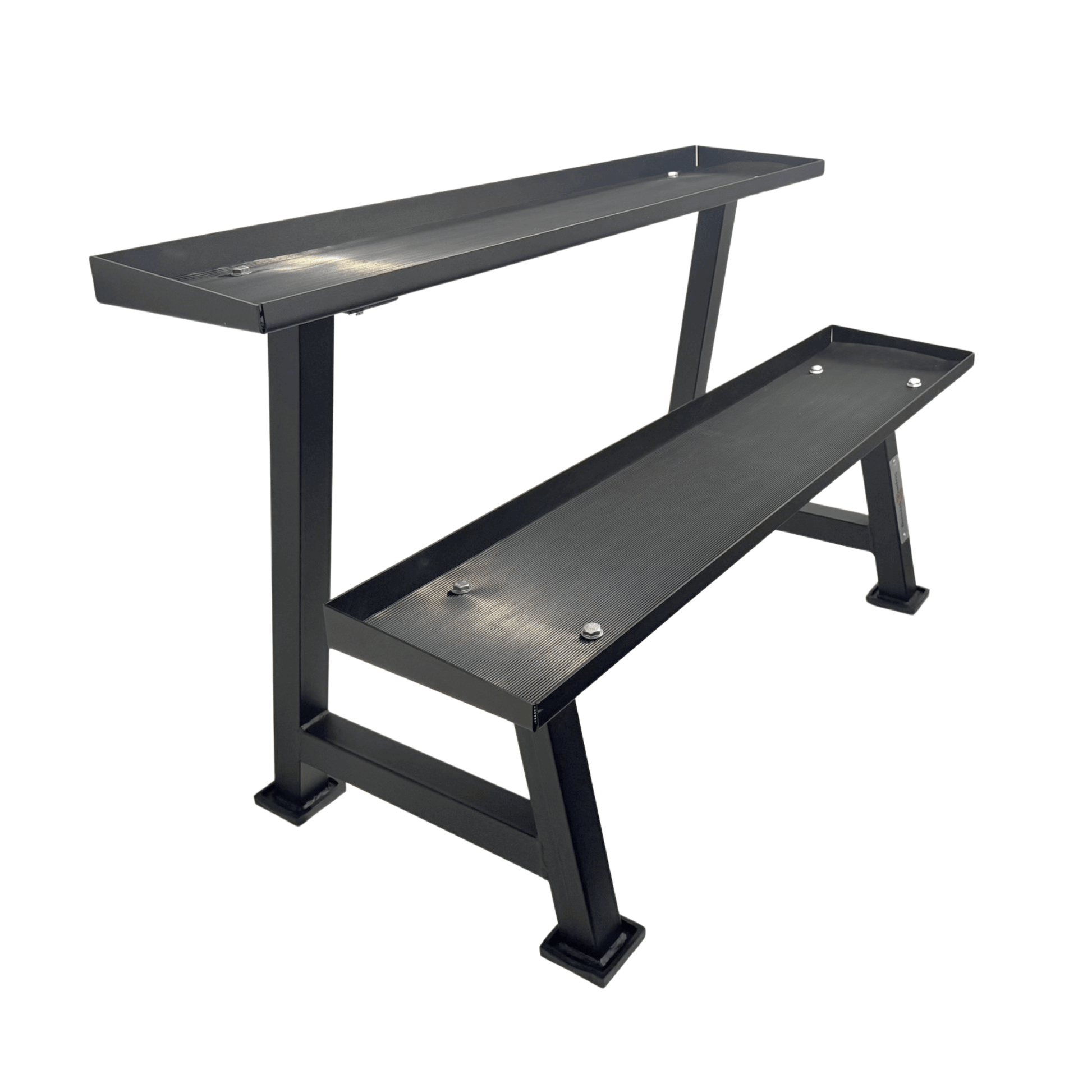 Black heavy-duty metal kettlebell rack with two tiers and rubber inlays on shelves.