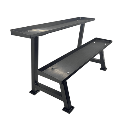 Black heavy-duty metal kettlebell rack with two tiers and rubber inlays on shelves.