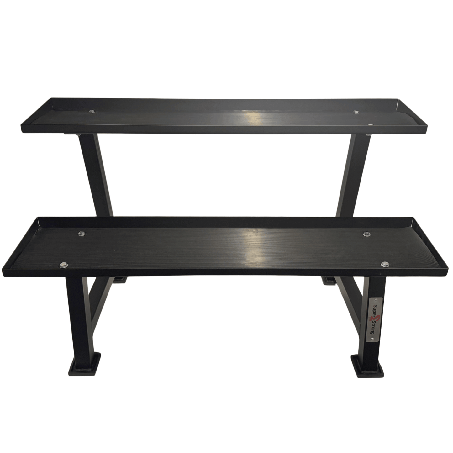 Black heavy duty metal kettlebell rack with two tiered shelves and rubber inlays for gym storage.