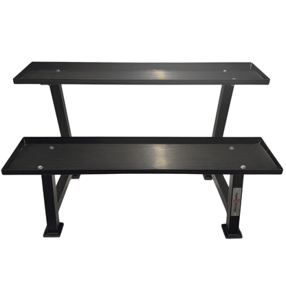 Black heavy duty metal kettlebell rack with two tiered shelves and rubber inlays for gym storage.