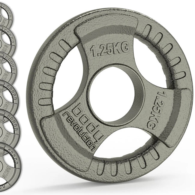 1.25kg cast iron Olympic tri-grip weight plate with raised lettering and textured surface.