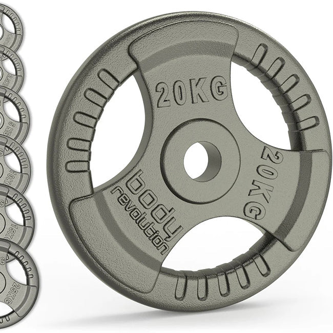 20kg cast iron Olympic tri-grip weight plate in matte gray with embossed weight markings and brand logo.