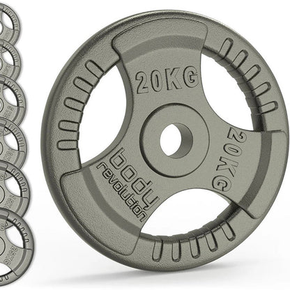 20kg cast iron Olympic tri-grip weight plate in matte gray with embossed weight markings and brand logo.