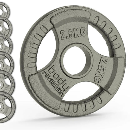 Grey cast iron Olympic tri-grip weight plate with 2.5kg labeling and textured grip indents.