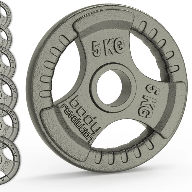 5kg cast iron Olympic tri-grip weight plate with textured grip areas and central hole.