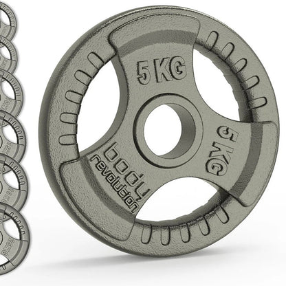 5kg cast iron Olympic tri-grip weight plate with textured grip areas and central hole.