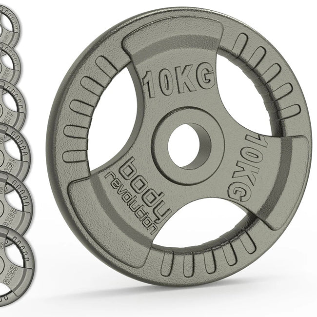 Gray cast iron Olympic tri-grip weight plate with labeled 10kg weight and textured grip areas.
