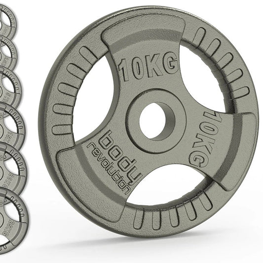 Gray cast iron Olympic tri-grip weight plate with labeled 10kg weight and textured grip areas.
