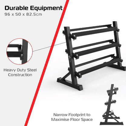 Black heavy-duty steel 3-level dumbbell rack with compact, angled shelves and sturdy frame.