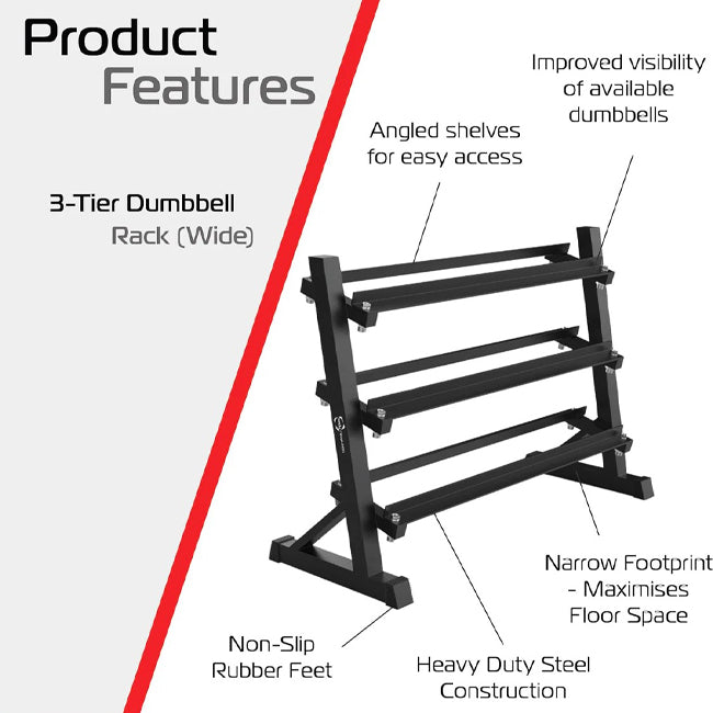 Black heavy-duty steel 3-level wide dumbbell rack with angled shelves and compact footprint.
