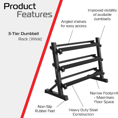 Black heavy-duty steel 3-level wide dumbbell rack with angled shelves and compact footprint.
