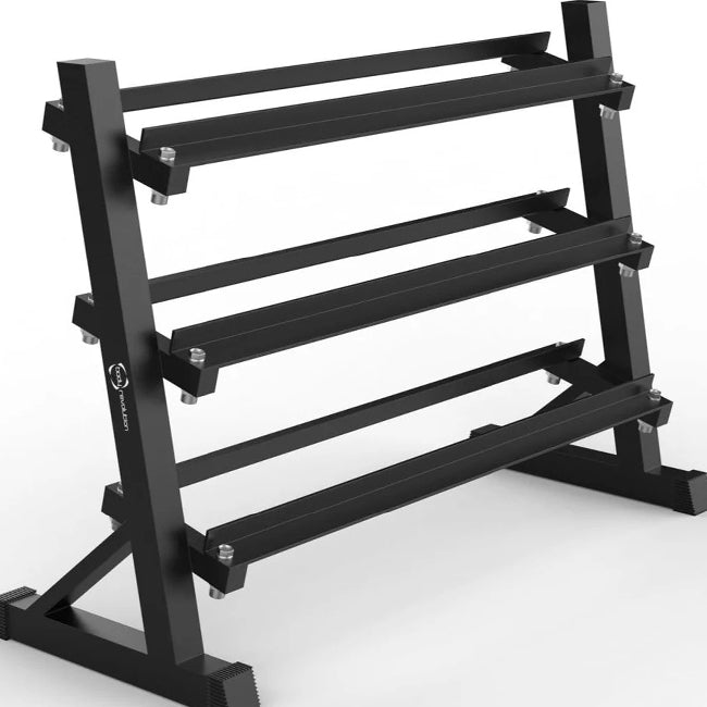 Black heavy-duty steel 3-level dumbbell rack with angled wide shelves and sturdy frame.