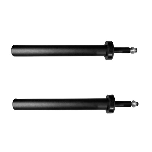 Pair of black steel rig-mounted weight plate storage pegs with locking pins for Olympic plates.