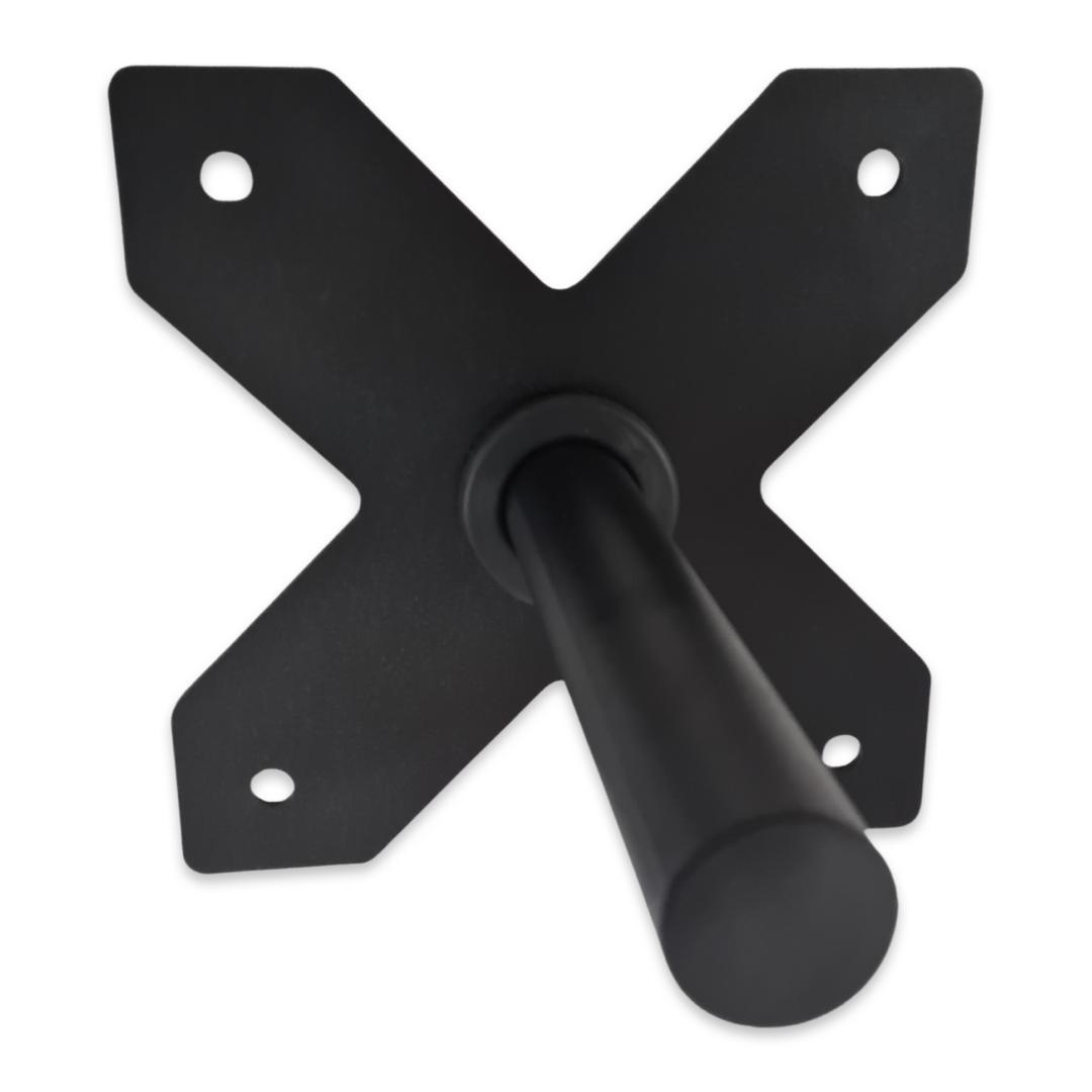 Black steel wall-mounted weight plate storage horn with X-shaped base and four mounting holes.