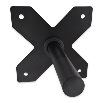 Black steel wall-mounted weight plate storage horn with X-shaped base and four mounting holes.