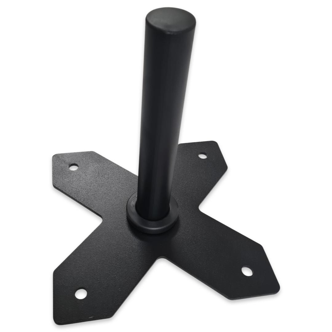 Black steel wall-mounted weight plate storage horn with four mounting holes and vertical peg.