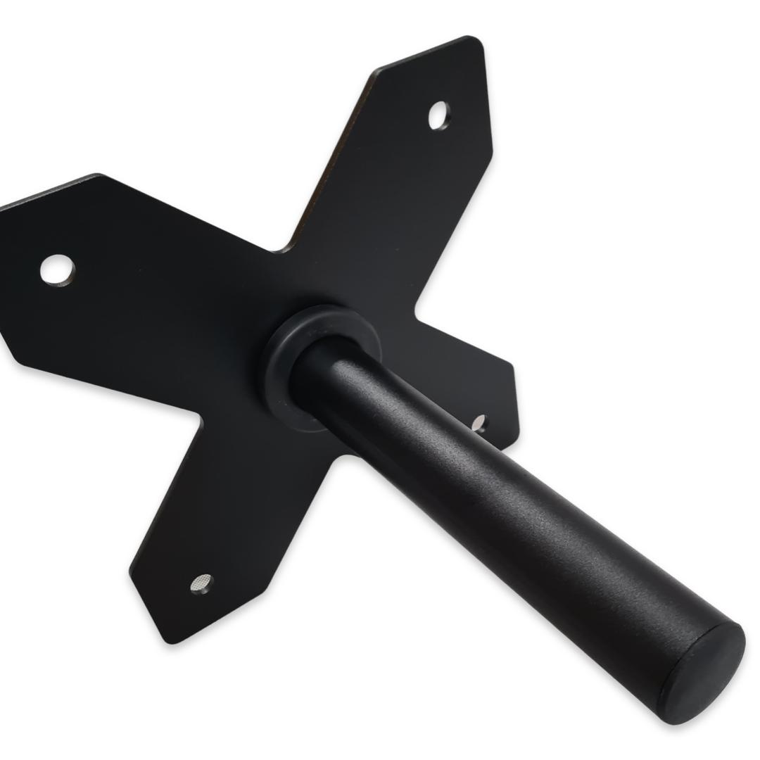 Black steel wall-mounted weight plate storage horn with a cross-shaped base and four mounting holes.