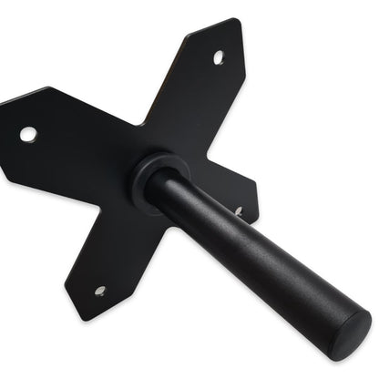 Black steel wall-mounted weight plate storage horn with a cross-shaped base and four mounting holes.